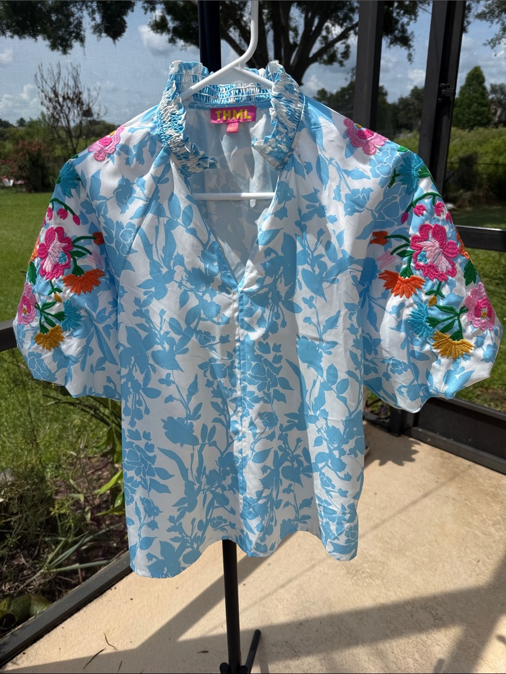 THML White & Light Blue Floral Puff Sleeve Blouse with Colorful Embroidery